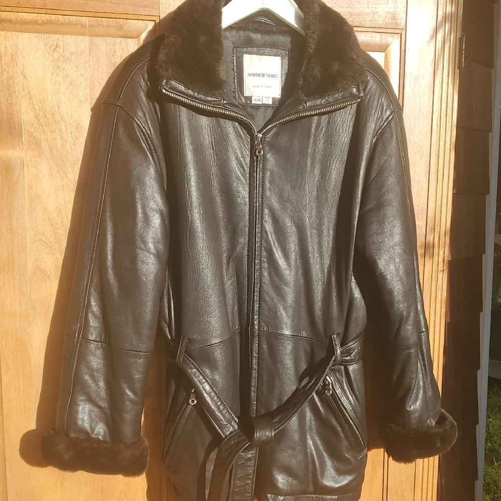 Andrew Marc Black Leather Jacket with Faux Fur Trim